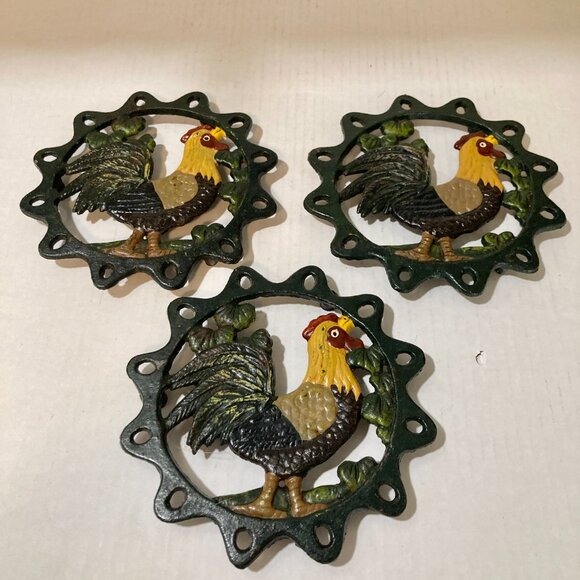 Vintage Cast Iron Rooster Trivet Pot Holder Hand Painted Country Cottage Core - Picture 5 of 8